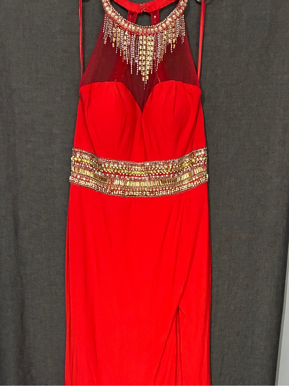 Aspeed Red Beaded Halter Prom Gown